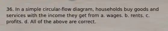 36. In a simple circular-flow diagram, households buy goods and services with the income they get from a. wages. b. rents. c. profits. d. All of the above are correct.