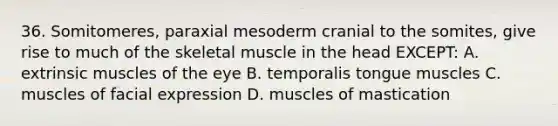 36. Somitomeres, paraxial mesoderm cranial to the somites, give rise to much of the skeletal muscle in the head EXCEPT: A. extrinsic muscles of the eye B. temporalis tongue muscles C. muscles of facial expression D. muscles of mastication