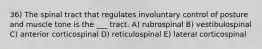 36) The spinal tract that regulates involuntary control of posture and muscle tone is the ___ tract. A) rubrospinal B) vestibulospinal C) anterior corticospinal D) reticulospinal E) lateral corticospinal