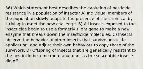 36) Which statement best describes the evolution of pesticide resistance in a population of insects? A) Individual members of the population slowly adapt to the presence of the chemical by striving to meet the new challenge. B) All insects exposed to the insecticide begin to use a formerly silent gene to make a new enzyme that breaks down the insecticide molecules. C) Insects observe the behavior of other insects that survive pesticide application, and adjust their own behaviors to copy those of the survivors. D) Offspring of insects that are genetically resistant to the pesticide become more abundant as the susceptible insects die off.