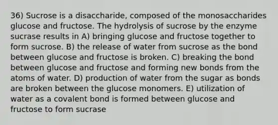 36) Sucrose is a disaccharide, composed of the monosaccharides glucose and fructose. The hydrolysis of sucrose by the enzyme sucrase results in A) bringing glucose and fructose together to form sucrose. B) the release of water from sucrose as the bond between glucose and fructose is broken. C) breaking the bond between glucose and fructose and forming new bonds from the atoms of water. D) production of water from the sugar as bonds are broken between the glucose monomers. E) utilization of water as a covalent bond is formed between glucose and fructose to form sucrase