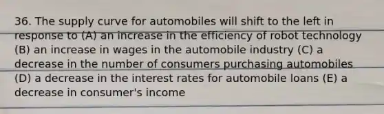 36. The supply curve for automobiles will shift to the left in response to (A) an increase in the efficiency of robot technology (B) an increase in wages in the automobile industry (C) a decrease in the number of consumers purchasing automobiles (D) a decrease in the interest rates for automobile loans (E) a decrease in consumer's income