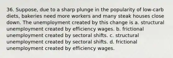 36. Suppose, due to a sharp plunge in the popularity of low-carb diets, bakeries need more workers and many steak houses close down. The unemployment created by this change is a. structural unemployment created by efficiency wages. b. frictional unemployment created by sectoral shifts. c. structural unemployment created by sectoral shifts. d. frictional unemployment created by efficiency wages.