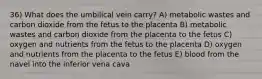 36) What does the umbilical vein carry? A) metabolic wastes and carbon dioxide from the fetus to the placenta B) metabolic wastes and carbon dioxide from the placenta to the fetus C) oxygen and nutrients from the fetus to the placenta D) oxygen and nutrients from the placenta to the fetus E) blood from the navel into the inferior vena cava