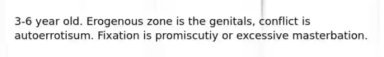 3-6 year old. Erogenous zone is the genitals, conflict is autoerrotisum. Fixation is promiscutiy or excessive masterbation.