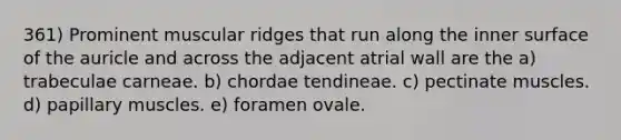 361) Prominent muscular ridges that run along the inner surface of the auricle and across the adjacent atrial wall are the a) trabeculae carneae. b) chordae tendineae. c) pectinate muscles. d) papillary muscles. e) foramen ovale.