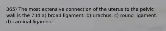 365) The most extensive connection of the uterus to the pelvic wall is the 734 a) broad ligament. b) urachus. c) round ligament. d) cardinal ligament.