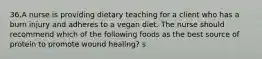 36.A nurse is providing dietary teaching for a client who has a burn injury and adheres to a vegan diet. The nurse should recommend which of the following foods as the best source of protein to promote wound healing? s