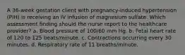 A 36-week gestation client with pregnancy-induced hypertension (PIH) is receiving an IV infusion of magnesium sulfate. Which assessment finding should the nurse report to the healthcare provider? a. Blood pressure of 100/60 mm Hg. b. Fetal heart rate of 120 to 125 beats/minute. c. Contractions occurring every 30 minutes. d. Respiratory rate of 11 breaths/minute.