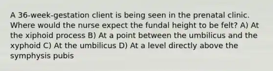 A 36-week-gestation client is being seen in the prenatal clinic. Where would the nurse expect the fundal height to be felt? A) At the xiphoid process B) At a point between the umbilicus and the xyphoid C) At the umbilicus D) At a level directly above the symphysis pubis