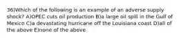 36)Which of the following is an example of an adverse supply shock? A)OPEC cuts oil production B)a large oil spill in the Gulf of Mexico C)a devastating hurricane off the Louisiana coast D)all of the above E)none of the above