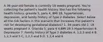 A 36-year-old female is currently 18 weeks pregnant. You're collecting the patient's health history. She has the following health history: gravida 5, para 4, BMI 28, hypertension, depression, and family history of Type 2 diabetes. Select below all the risk factors in this scenario that increases this patient's risk for developing gestational diabetes? 1. 34-years-old 2. 18 weeks pregnant 3. Gravida 5, para 4 4.BMI 28 5.Hypertension 6. Depression 7. Family history of Type 2 diabetes A. 1,2,3 and 4 B. 1,2,3 and 5 C, 1,2,3 and 6 D. 1,3,4 and 6