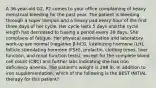 A 36-year-old G2, P2 comes to your office complaining of heavy menstrual bleeding for the past year. The patient is bleeding through a super tampon and a heavy pad every hour of the first three days of her cycle. Her cycle lasts 5 days and the cycle length has decreased to having a period every 20 days. She complains of fatigue. Her physical examination and laboratory work-up are normal (negative β-hCG, luteinizing hormone (LH), follicle stimulating hormone (FSH), prolactin, clotting times, liver function, and renal function tests), except for the complete blood cell count (CBC) and further labs indicating she has iron deficiency anemia. The patient's weight is 298 lb. In addition to iron supplementation, which of the following is the BEST INITIAL therapy for this patient?