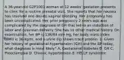 A 36-year-old G2P1001 woman at 12 weeks' gestation presents to clinic for a routine prenatal visit. She reports that her nausea has resolved and denies vaginal bleeding. Her pregnancy has been uncomplicated. Her prior pregnancy 2 years ago was complicated by the diagnosis of GH that led to an induction of labor and cesarean delivery. She has no other medical history. On examination, her BP is 138/84 mm Hg, her body mass index (BMI) is 36 kg/m, and a urine dip shows trace protein. 1. Given her history of gestational hypertension (GH) and the BP today, what diagnosis is most likely? A. Gestational diabetes B. GH C. Preeclampsia D. Chronic hypertension E. HELLP syndrome