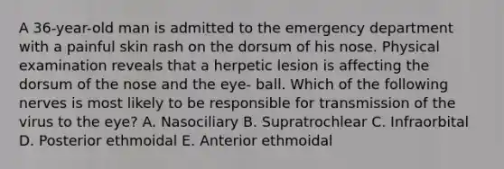 A 36-year-old man is admitted to the emergency department with a painful skin rash on the dorsum of his nose. Physical examination reveals that a herpetic lesion is affecting the dorsum of the nose and the eye- ball. Which of the following nerves is most likely to be responsible for transmission of the virus to the eye? A. Nasociliary B. Supratrochlear C. Infraorbital D. Posterior ethmoidal E. Anterior ethmoidal