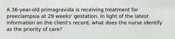 A 36-year-old primagravida is receiving treatment for preeclampsia at 29 weeks' gestation. In light of the latest information on the client's record, what does the nurse identify as the priority of care?