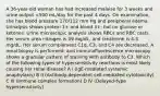 A 36-year-old woman has had increased malaise for 3 weeks and urine output <500 mL/day for the past 4 days. On examination, she has blood pressure 170/112 mm Hg and peripheral edema. Urinalysis shows protein 1+ and blood 3+, but no glucose or ketones. Urine microscopic analysis shows RBCs and RBC casts. Her serum urea nitrogen is 39 mg/dL, and creatinine is 4.3 mg/dL. Her serum complement C1q, C3, and C4 are decreased. A renal biopsy is performed, and immunofluorescence microscopy shows a granular pattern of staining with antibody to C3. Which of the following types of hypersensitivity reactions is most likely causing her renal disease? A I (IgE-mediated systemic anaphylaxis) B II (Antibody-dependent cell-mediated cytotoxicity) C III (Immune complex formation) D IV (Delayed-type hypersensitivity)