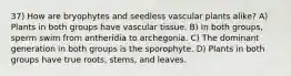 37) How are bryophytes and seedless vascular plants alike? A) Plants in both groups have vascular tissue. B) In both groups, sperm swim from antheridia to archegonia. C) The dominant generation in both groups is the sporophyte. D) Plants in both groups have true roots, stems, and leaves.