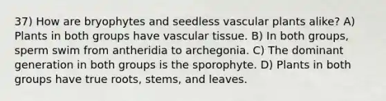 37) How are bryophytes and seedless <a href='https://www.questionai.com/knowledge/kbaUXKuBoK-vascular-plants' class='anchor-knowledge'>vascular plants</a> alike? A) Plants in both groups have <a href='https://www.questionai.com/knowledge/k1HVFq17mo-vascular-tissue' class='anchor-knowledge'>vascular tissue</a>. B) In both groups, sperm swim from antheridia to archegonia. C) The dominant generation in both groups is the sporophyte. D) Plants in both groups have true roots, stems, and leaves.