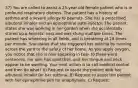 37) You are called to assist a 25-year-old female patient who is in profound respiratory distress. The patient has a history of asthma and a severe allergy to peanuts. She has a prescribed albuterol inhaler and an epinephrine auto-injector. The patient states she was working in her garden when she accidentally stirred up a hornets' nest and was stung multiple times. The patient has wheezing in all fields, and is breathing at 28 times per minute. She states that she triggered her asthma by running across the yard to the safety of her home. As you apply oxygen, you notice that she is now speaking in two- to three-word sentences, her skin has splotches, and her tongue and neck appear to be swelling. Your next action is to call medical control and then do what? A) Request to assist the patient with her albuterol inhaler for her asthma. B) Request to assist the patient with her epinephrine pen for anaphylaxis. C) Request