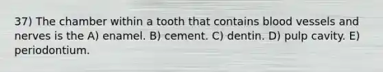 37) The chamber within a tooth that contains blood vessels and nerves is the A) enamel. B) cement. C) dentin. D) pulp cavity. E) periodontium.