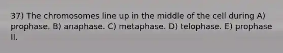 37) The chromosomes line up in the middle of the cell during A) prophase. B) anaphase. C) metaphase. D) telophase. E) prophase II.