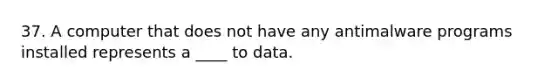 37. A computer that does not have any antimalware programs installed represents a ____ to data.