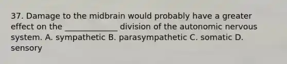 37. Damage to the midbrain would probably have a greater effect on the _____________ division of <a href='https://www.questionai.com/knowledge/kMqcwgxBsH-the-autonomic-nervous-system' class='anchor-knowledge'>the autonomic nervous system</a>. A. sympathetic B. parasympathetic C. somatic D. sensory