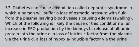 37. Diabetes can cause a condition called nephrotic syndrome in which a person will suffer a loss of osmotic pressure with fluid from the plasma leaving blood vessels causing edema (swelling). Which of the following is likely the cause of this condition? a. an increase in EPO production by the kidneys b. release of albumin protein into the urine c. a loss of intrinsic factor from the plasma via the urine d. a loss of hypoxia-inducible factor via the urine