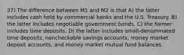 37) The difference between M1 and M2 is that A) the latter includes cash held by commercial banks and the U.S. Treasury. B) the latter includes negotiable government bonds. C) the former includes time deposits. D) the latter includes small-denominated time deposits, noncheckable savings accounts, money market deposit accounts, and money market mutual fund balances.