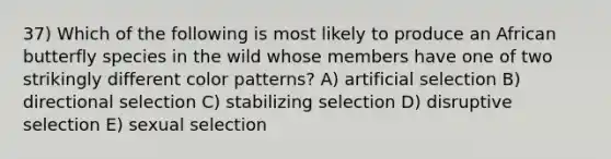 37) Which of the following is most likely to produce an African butterfly species in the wild whose members have one of two strikingly different color patterns? A) artificial selection B) directional selection C) stabilizing selection D) disruptive selection E) sexual selection