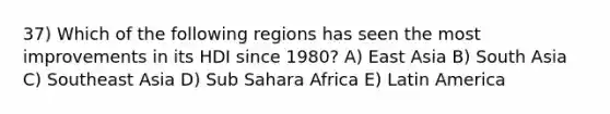 37) Which of the following regions has seen the most improvements in its HDI since 1980? A) East Asia B) South Asia C) Southeast Asia D) Sub Sahara Africa E) Latin America