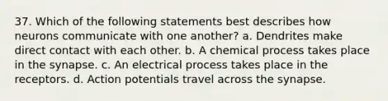 37. Which of the following statements best describes how neurons communicate with one another? a. Dendrites make direct contact with each other. b. A chemical process takes place in the synapse. c. An electrical process takes place in the receptors. d. Action potentials travel across the synapse.