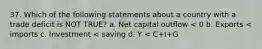 37. Which of the following statements about a country with a trade deficit is NOT TRUE? a. Net capital outflow < 0 b. Exports < imports c. Investment < saving d. Y < C+I+G