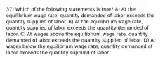 37) Which of the following statements is true? A) At the equilibrium wage rate, quantity demanded of labor exceeds the quantity supplied of labor. B) At the equilibrium wage rate, quantity supplied of labor exceeds the quantity demanded of labor. C) At wages above the equilibrium wage rate, quantity demanded of labor exceeds the quantity supplied of labor. D) At wages below the equilibrium wage rate, quantity demanded of labor exceeds the quantity supplied of labor.