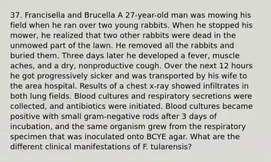 37. Francisella and Brucella A 27-year-old man was mowing his field when he ran over two young rabbits. When he stopped his mower, he realized that two other rabbits were dead in the unmowed part of the lawn. He removed all the rabbits and buried them. Three days later he developed a fever, muscle aches, and a dry, nonproductive cough. Over the next 12 hours he got progressively sicker and was transported by his wife to the area hospital. Results of a chest x-ray showed infiltrates in both lung fields. Blood cultures and respiratory secretions were collected, and antibiotics were initiated. Blood cultures became positive with small gram-negative rods after 3 days of incubation, and the same organism grew from the respiratory specimen that was inoculated onto BCYE agar. What are the different clinical manifestations of F. tularensis?