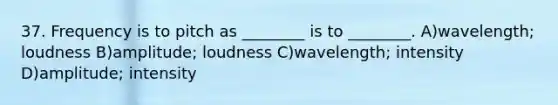 37. Frequency is to pitch as ________ is to ________. A)wavelength; loudness B)amplitude; loudness C)wavelength; intensity D)amplitude; intensity