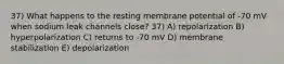 37) What happens to the resting membrane potential of -70 mV when sodium leak channels close? 37) A) repolarization B) hyperpolarization C) returns to -70 mV D) membrane stabilization E) depolarization