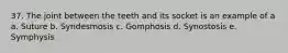 37. The joint between the teeth and its socket is an example of a a. Suture b. Syndesmosis c. Gomphosis d. Synostosis e. Symphysis