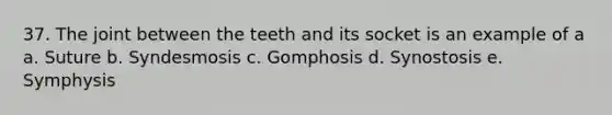 37. The joint between the teeth and its socket is an example of a a. Suture b. Syndesmosis c. Gomphosis d. Synostosis e. Symphysis