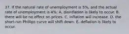 37. If the natural rate of unemployment is 5%, and the actual rate of unemployment is 4%: A. disinflation is likely to occur. B. there will be no effect on prices. C. inflation will increase. D. the short-run Phillips curve will shift down. E. deflation is likely to occur.