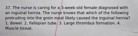 37. The nurse is caring for a 3-week-old female diagnosed with an inguinal hernia. The nurse knows that which of the following protruding into the groin most likely caused the inguinal hernia? 1. Bowel. 2. Fallopian tube. 3. Large thrombus formation. 4. Muscle tissue.