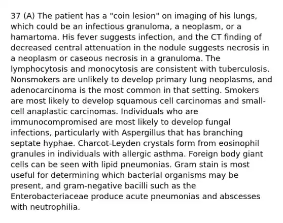 37 (A) The patient has a "coin lesion" on imaging of his lungs, which could be an infectious granuloma, a neoplasm, or a hamartoma. His fever suggests infection, and the CT finding of decreased central attenuation in the nodule suggests necrosis in a neoplasm or caseous necrosis in a granuloma. The lymphocytosis and monocytosis are consistent with tuberculosis. Nonsmokers are unlikely to develop primary lung neoplasms, and adenocarcinoma is the most common in that setting. Smokers are most likely to develop squamous cell carcinomas and small-cell anaplastic carcinomas. Individuals who are immunocompromised are most likely to develop fungal infections, particularly with Aspergillus that has branching septate hyphae. Charcot-Leyden crystals form from eosinophil granules in individuals with allergic asthma. Foreign body giant cells can be seen with lipid pneumonias. Gram stain is most useful for determining which bacterial organisms may be present, and gram-negative bacilli such as the Enterobacteriaceae produce acute pneumonias and abscesses with neutrophilia.