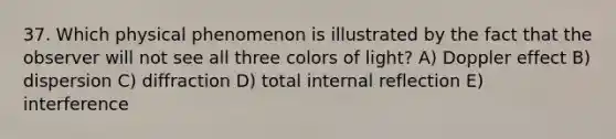 37. Which physical phenomenon is illustrated by the fact that the observer will not see all three colors of light? A) Doppler effect B) dispersion C) diffraction D) total internal reflection E) interference