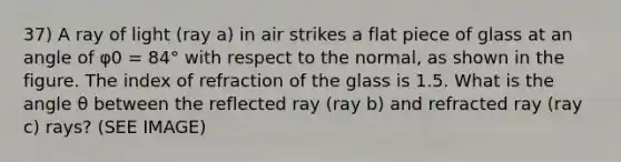 37) A ray of light (ray a) in air strikes a flat piece of glass at an angle of φ0 = 84° with respect to the normal, as shown in the figure. The index of refraction of the glass is 1.5. What is the angle θ between the reflected ray (ray b) and refracted ray (ray c) rays? (SEE IMAGE)