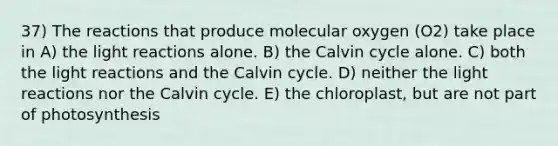 37) The reactions that produce molecular oxygen (O2) take place in A) the <a href='https://www.questionai.com/knowledge/kSUoWrrvoC-light-reactions' class='anchor-knowledge'>light reactions</a> alone. B) the Calvin cycle alone. C) both the light reactions and the Calvin cycle. D) neither the light reactions nor the Calvin cycle. E) the chloroplast, but are not part of photosynthesis