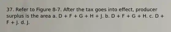 37. Refer to Figure 8-7. After the tax goes into effect, producer surplus is the area a. D + F + G + H + J. b. D + F + G + H. c. D + F + J. d. J.