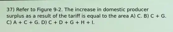 37) Refer to Figure 9-2. The increase in domestic producer surplus as a result of the tariff is equal to the area A) C. B) C + G. C) A + C + G. D) C + D + G + H + I.