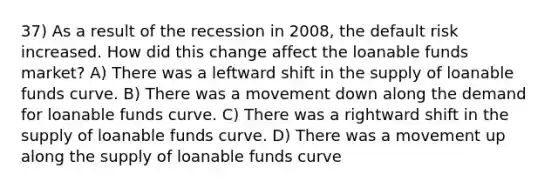 37) As a result of the recession in 2008, the default risk increased. How did this change affect the loanable funds market? A) There was a leftward shift in the supply of loanable funds curve. B) There was a movement down along the demand for loanable funds curve. C) There was a rightward shift in the supply of loanable funds curve. D) There was a movement up along the supply of loanable funds curve