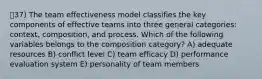 ㅇ37) The team effectiveness model classifies the key components of effective teams into three general categories: context, composition, and process. Which of the following variables belongs to the composition category? A) adequate resources B) conflict level C) team efficacy D) performance evaluation system E) personality of team members